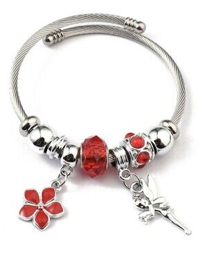 Silver & Red Charm Bangle Bracelet with Flower & Fairy Dangle Charms